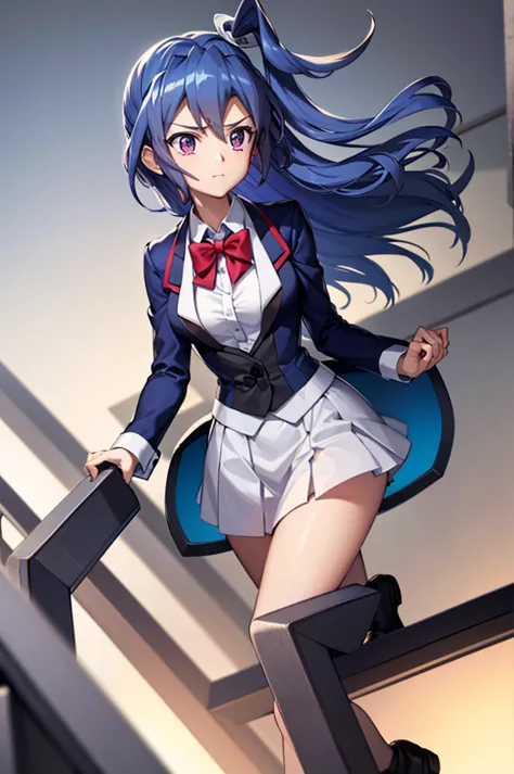 highest quality, masterpiece, the wind whistles　wing, symphogear, big breasts, uniform, blazer, blue hair,