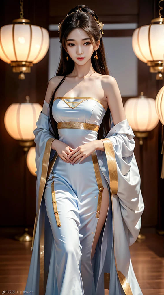 gufeng,bare shoulders, ((whole body)), ((from below)), ((gufeng,bare shoulders)), clear face, pretty face, 8K, masterpiece, original photo, best quality, detail:1.2,lifelike, detail, Very detailed, CG, Unite, wallpaper, depth of field, movie light, lens flare, Ray tracing, (extremely beautiful face, beautiful lips, beautiful eyes), complex, detail face, ((ultra detailed skin)), 1 girl, in the darkness, deep shadow, beautiful korean girl, kpop idol,(Very slim figure:1.3), plump breasts, Slender sexy legs, elegant posture, (bright smile), (City night, (neon lights), (night), beautiful korean girl, white diamond earrings, diameter bracelet, Dia Necklace, clear eyes, facing forward, (big eyes)