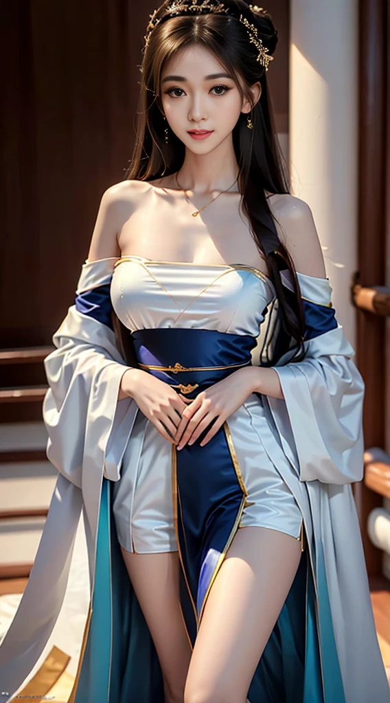 gufeng,bare shoulders, ((whole body)), ((from below)), ((gufeng,bare shoulders)), clear face, pretty face, 8K, masterpiece, original photo, best quality, detail:1.2,lifelike, detail, Very detailed, CG, Unite, wallpaper, depth of field, movie light, lens flare, Ray tracing, (extremely beautiful face, beautiful lips, beautiful eyes), complex, detail face, ((ultra detailed skin)), 1 girl, in the darkness, deep shadow, beautiful korean girl, kpop idol,(Very slim figure:1.3), plump breasts, Slender sexy legs, elegant posture, (bright smile), (City night, (neon lights), (night), beautiful korean girl, white diamond earrings, diameter bracelet, Dia Necklace, clear eyes, facing forward, (big eyes)