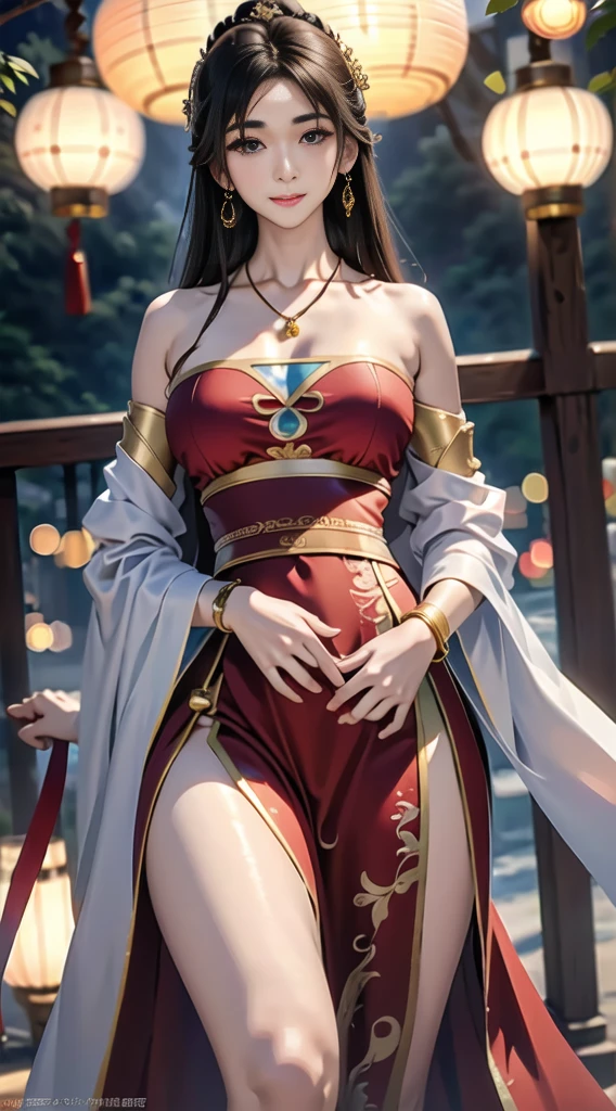 gufeng,bare shoulders, ((whole body)), ((from below)), ((gufeng,bare shoulders)), clear face, pretty face, 8K, masterpiece, original photo, best quality, detail:1.2,lifelike, detail, Very detailed, CG, Unite, wallpaper, depth of field, movie light, lens flare, Ray tracing, (extremely beautiful face, beautiful lips, beautiful eyes), complex, detail face, ((ultra detailed skin)), 1 girl, in the darkness, deep shadow, beautiful korean girl, kpop idol,(Very slim figure:1.3), plump breasts, Slender sexy legs, elegant posture, (bright smile), (City night, (neon lights), (night), beautiful korean girl, white diamond earrings, diameter bracelet, Dia Necklace, clear eyes, facing forward, (big eyes)