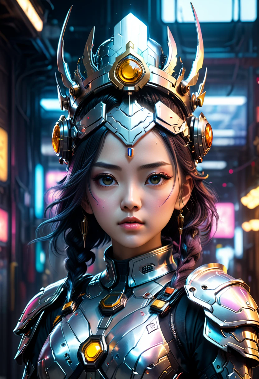 une belle femme cyberpunk portant une couronne, armure de style masterchef, technologie de science-fiction, 1fille, Japonais, Mignon, détails complexes, Éclairage cinématographique, pose dramatique, très détaillé, photoRéaliste, 8k, (Meilleure qualité,4k,8k,haute résolution,chef-d&#39;œuvre:1.2),ultra-détaillé,(Réaliste,photoRéaliste,photo-Réaliste:1.37),hyperRéaliste, éclairage volumétrique, effets visuels époustouflants, peinture numérique, art conceptuel, primé