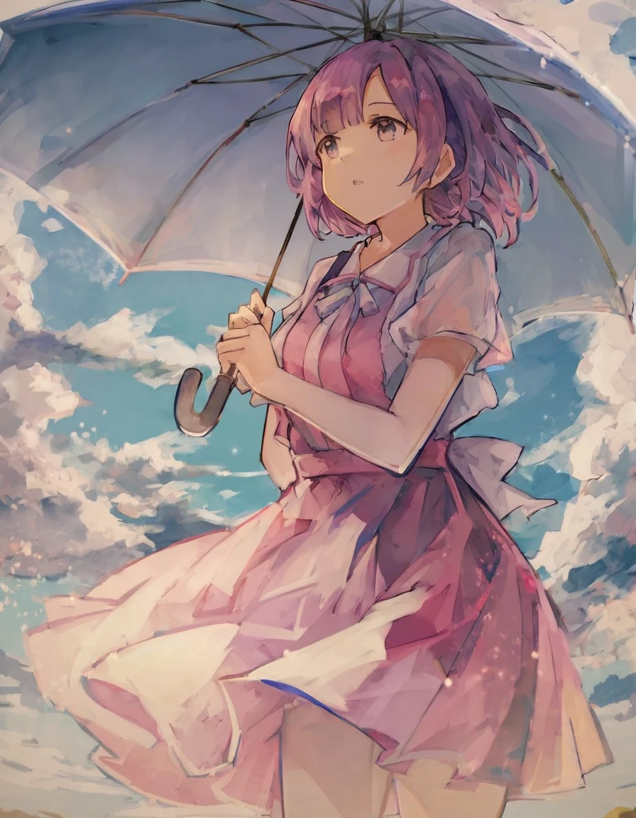A beautifully detailed miniature scene of a young girl holding an umbrella. The girl, no taller than a teacup, is dressed in a charming, pastel-colored dress with intricate lace details and tiny floral patterns. Her hair is styled in delicate, flowing curls, and she wears tiny boots. The umbrella she holds is a vibrant red with white polka dots, providing a whimsical contrast to her outfit. She stands on a cobblestone path surrounded by miniature plants and flowers, with droplets of water glistening like tiny jewels from a recent rain. The scene is set under the soft light of a sunrise, casting a warm, golden glow over everything, creating a magical and enchanting atmosphere. Highly detailed, vibrant colors, whimsical elements, enchanting ambiance, intricate design.
