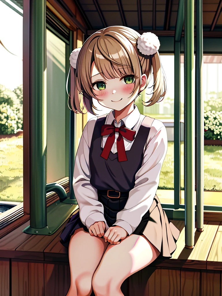 masterpiece, Highest quality, High resolution, ５age, Lori, Chibi, One girl, alone, Green Eyes, Pom-pom \(Clothes\), Apron dress, White shirt, White socks,Jumper skirt、 Long sleeve, Dilapidated, short hair, belt, Red bow tie, bangs, 青いClothes, Collared shirt, Cowboy Shot, orgasm,blush, Put a condom in your mouth,  Sweat, White panties, Pull up your skirt with your hands, Sit on top of an air conditioner outdoor unit, A defiant smile、