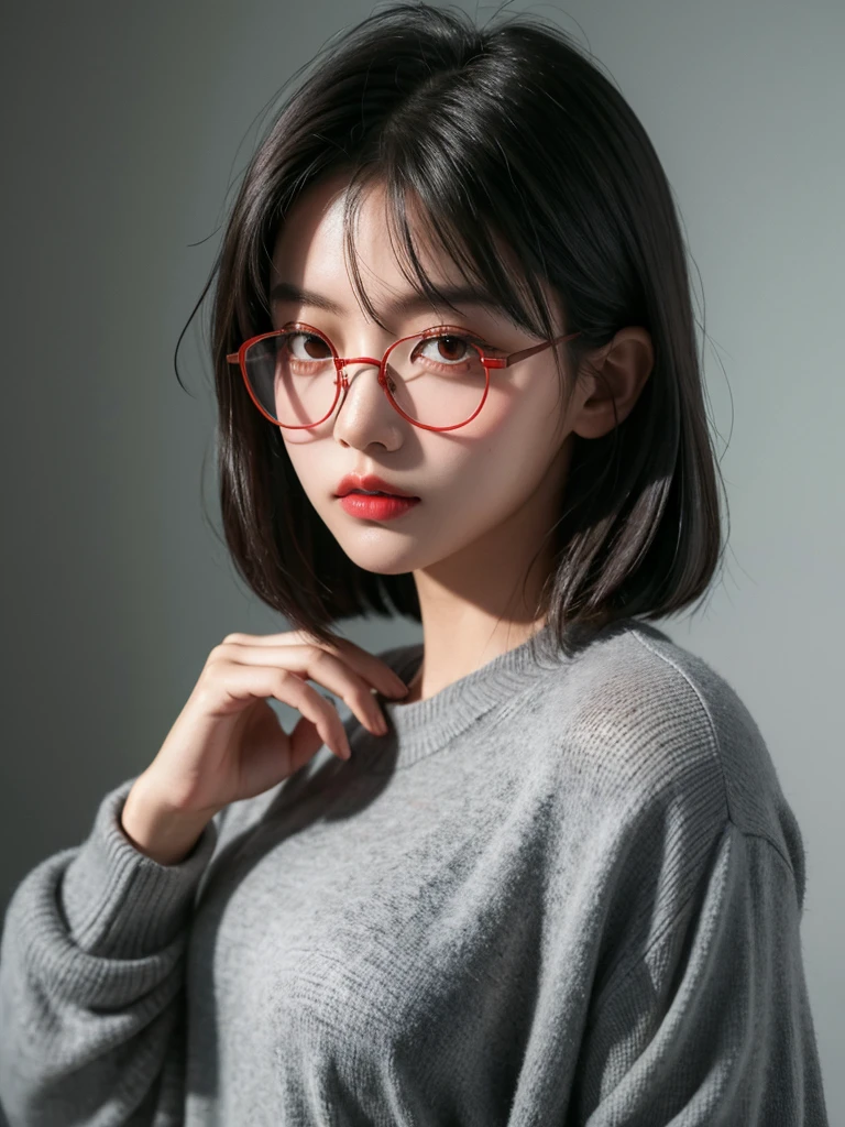 ((Idle level girl)), ​Masterpiece, highest image quality, Super detailed, (Perfect body:1.3), (perfect face+Glasses+messy hair+ gray bob hair+red eyes), closure, viewer&#39;s perspective, she bent down，Catching the audience&#39;s attention。Detailed hair,bright smile、Delicate blue eyes(lifelike eyes),professional lighting,