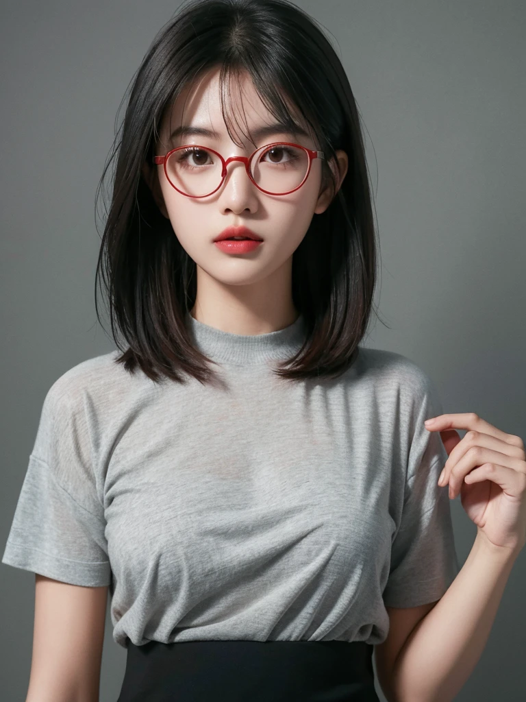 ((Idle level girl)), ​Masterpiece, highest image quality, Super detailed, (Perfect body:1.3), (perfect face+Glasses+messy hair+ gray bob hair+red eyes), closure, viewer&#39;s perspective, she bent down，Catching the audience&#39;s attention。Detailed hair,bright smile、Delicate blue eyes(lifelike eyes),professional lighting,