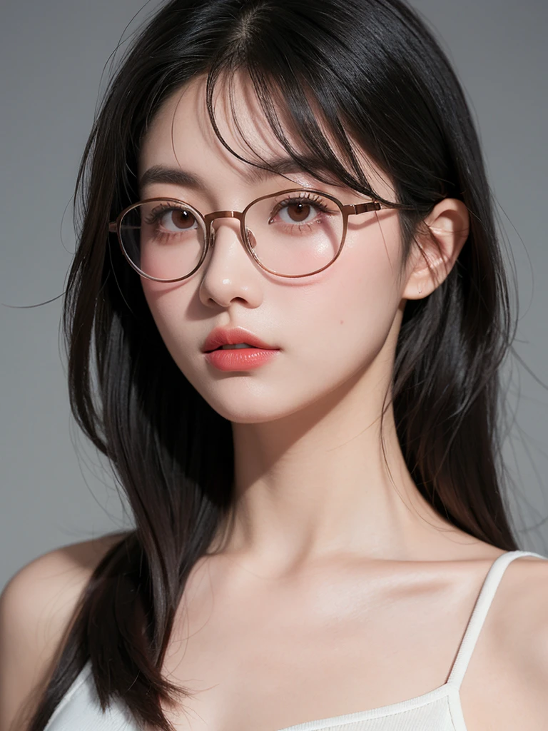 ((Idle level girl)), ​Masterpiece, highest image quality, Super detailed, (Perfect body:1.3), (perfect face+Glasses+messy hair+ gray bob hair+red eyes), closure, viewer&#39;s perspective, she bent down，Catching the audience&#39;s attention。Detailed hair,bright smile、Delicate blue eyes(lifelike eyes),professional lighting,