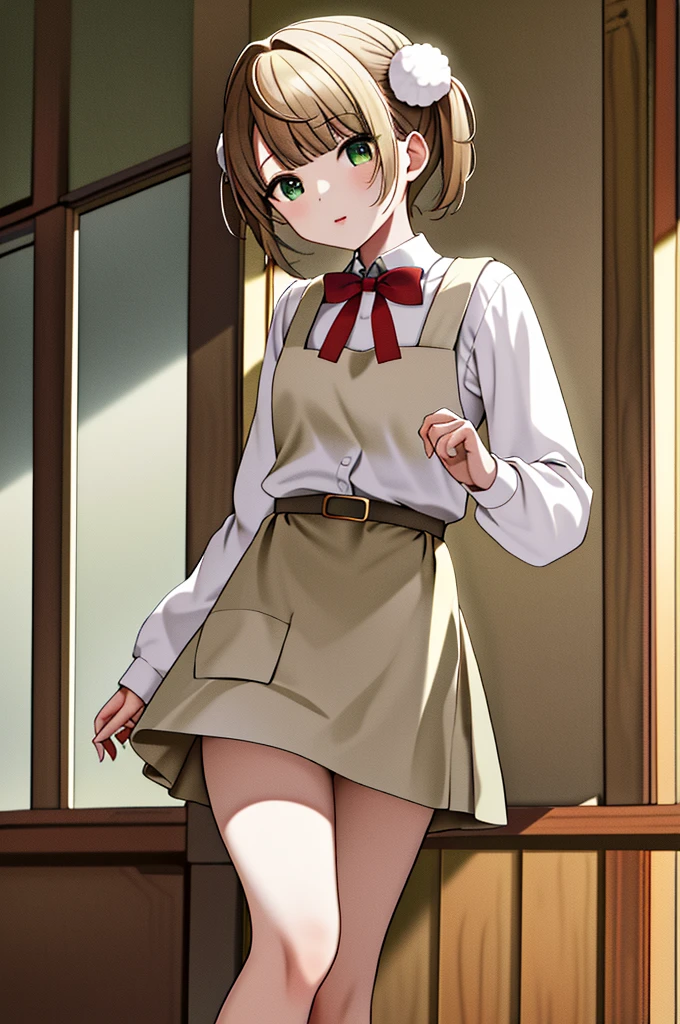 masterpiece, Highest quality, High resolution, ui3, One girl, alone, Green Eyes, Pom-pom \(Clothes\), Apron dress, White shirt, White socks, Long sleeve, Dilapidated, short hair, belt, Red bow tie, bangs, , 青いClothes, Collared shirt, Cowboy Shot,