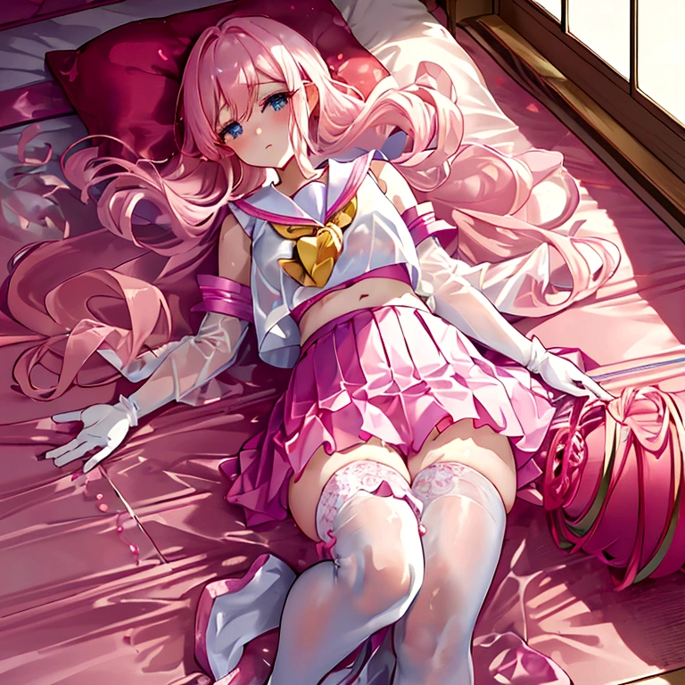 A lot of tissue paper is scattered on the tatami mat.　very large chest　Extremely distended chest　huge chest bulge　A composition that shows the whole body　Dim pink room　Japan tatami room　Japanese-style room　Dirty room　There is a lot of garbage scattered around　Very dirty blanket　Lying on the futon　Scattered tissue paper　Scattered pink magazines　Cute long-sleeved sailor uniform that reaches down to the neck. Lots of frills sewn into the clothes.　Fine frill belly long skirt　Panier Berry Long Skirt　university student　Age: 20　Illustrated style　Anime Style　Frown　Narrow Mouth　Small lips　Smile　　Sleepy eyes　Eyes half closed　Very short stature　Baby Face　beautiful girl　Very cute clothes　cheeks pink　Blonde Long Hair　Super Curly Hair　Super long sideburns　濡れて透けたSee-throughの衣服　Wet and sheer sailor suit　Hair band　Wet and transparent very long shocking pink silk skirt　Wet and transparent pearl white silk tights　Wet and transparent pearl white silk innerwear　Metallic luster　A large amount of hot pink silk ribbons are sewn into the clothes　Soaked in the rain　Wet and transparent pearl white super long silk gloves　Shocking pink silk pantyhose with fine embroidery that becomes transparent when wet　silk garter belt　Pitiful　clear　Big eyes　Droopy eyes　Shocking Pink Rouge　Super long white leather boots　Wet and see-through white silk bodysuit　See-through　Clothes that are see-through from the rain　Clothes are wet with sweat and transparent