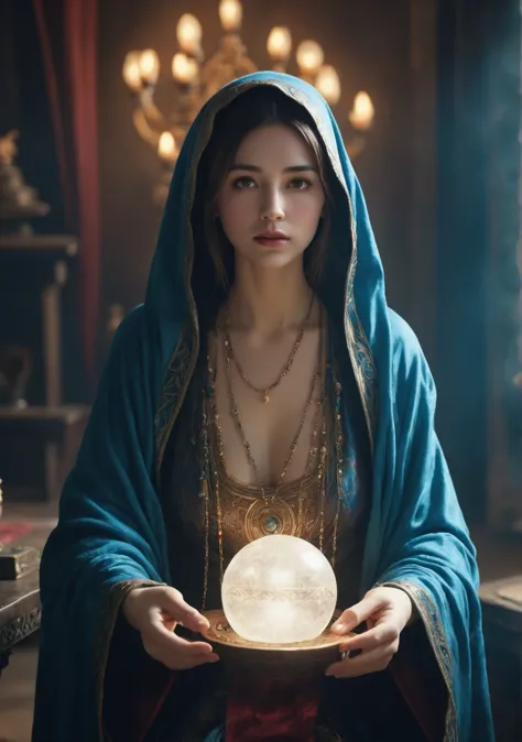 body direction: front.Female fortune teller. Attractive, beautiful and mysterious. She wears a blue cloak and has distinct featu...