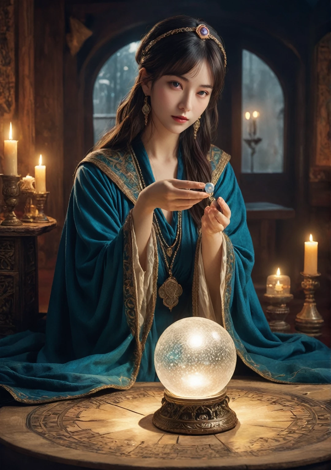 Facial direction: front.Female fortune teller. Attractive, beautiful and mysterious. She wears a blue cloak and has distinct features. The atmosphere is bright and sparkling, full of anxiety and anticipation. A fortune teller is standing there. The body is facing forward. he is looking at you He holds a crystal ball in his right hand. The lighting in the room is bright, creating a magical atmosphere. Best picture quality, 4k or 8k resolution. The level of detail is very detailed and realistic, close to photorealism. Artistic style should reflect an official aesthetic with bright colors and strong contrasts. The color palette should emphasize the mystical and mystical theme of the work. The fortune teller's cloak is decorated with metal edging with a thickness ratio of 1.5 and intricate designs. The overall atmosphere is magical, like a starry sky. The expression on the fortune teller's face should arouse mystical interest.