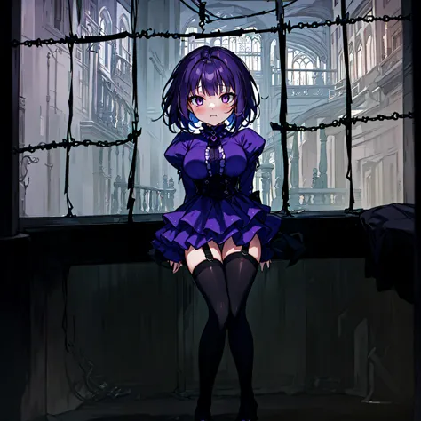 (solo), (1 skinny short girl:1.2), in the dark hall of mansion, (midnight), purple eyes over hair, Gothic Lolita, arms behind ba...