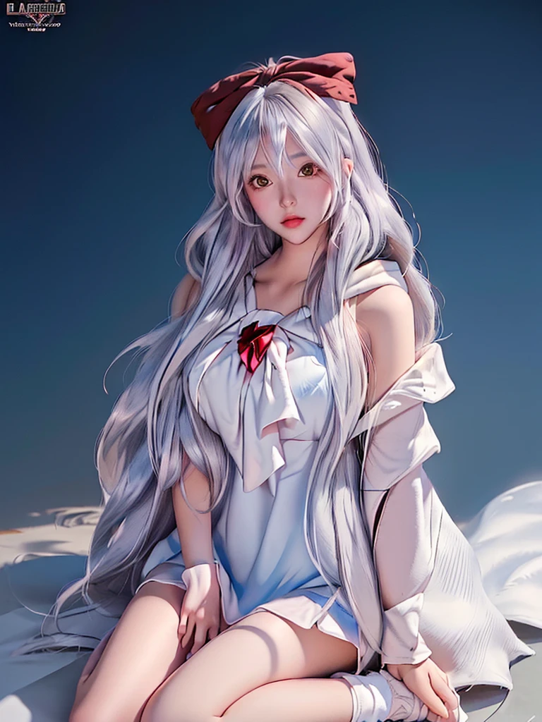 (masterpiece:1.1), (details:1.1), ((1girl)), (8k), medium breasts, long silver hair anime girl, perfect platinum hair girl, sexy anime girl, she platinum haired girl, beautiful anime girl, photorealistic anime, realistic young anime girl, surreal anime, realistic 3 d anime style, attractive anime girl, smooth anime cg art, anime girl, beautiful anime woman, silver hair, (brown eyes), (red bow), (cute face) ), pink cheeks, (detailed face), (detailed eyes), (looks like sinestrea Arena of valor), (sinestrea from Arena of valor), (beautiful face), full body shot, white skin, (left eye blue), (right eye brown), (oversized hoodie), oversized_hoodie_e, (Short skirt), sitting on the ground, (red bow)