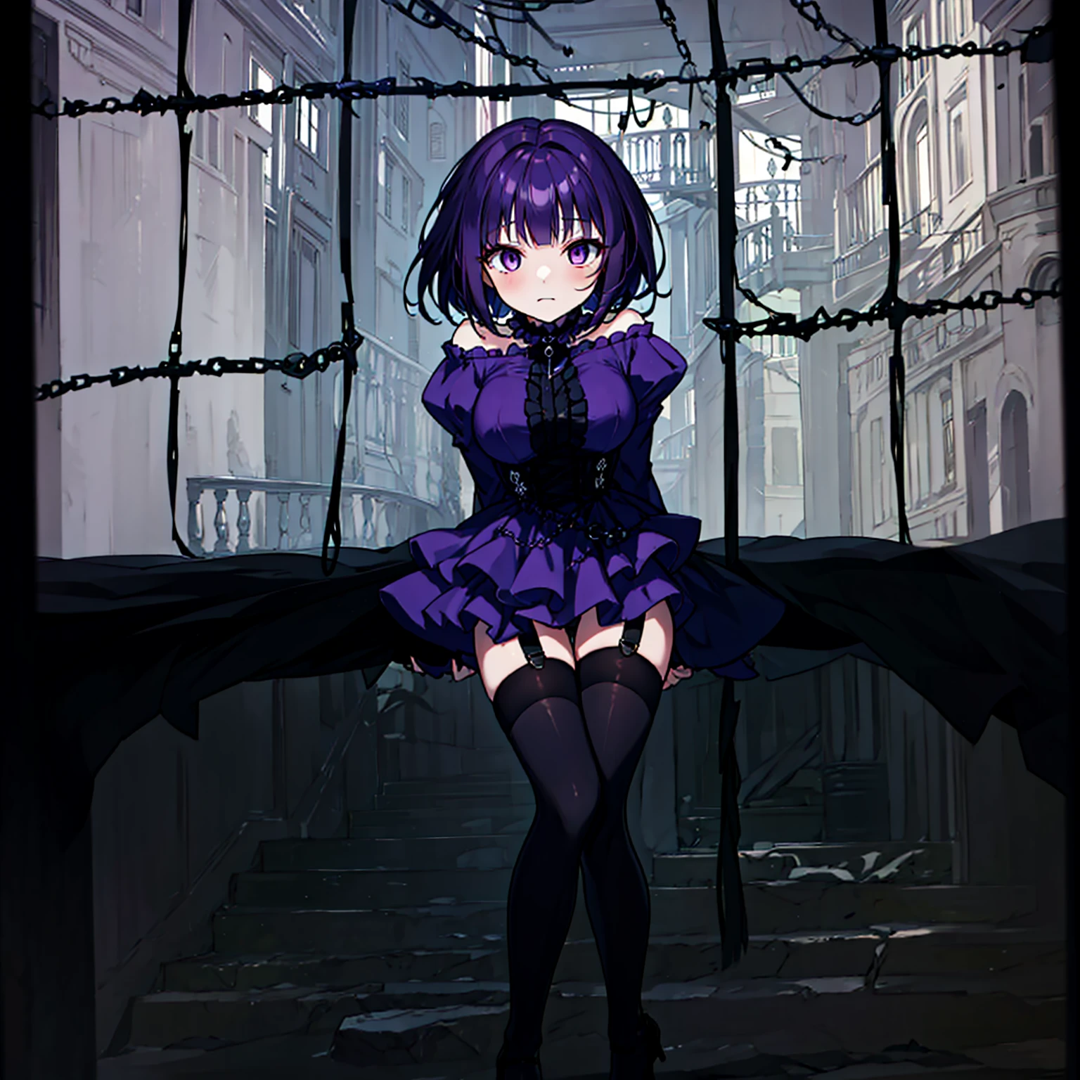 (solo), (1 skinny short girl:1.2), in the dark hall of mansion, (midnight), purple eyes over hair, Gothic Lolita, arms behind back, BREAK, (black short hair), (bursting large breasts), (bouncing breasts:1.1), pale white skins, (skinny narrow waist), skinny legs, BREAK, (frilled layered black short dress), (frilled black cape), close chest, frilled long sleeve, show off thigh gap, (frilled black thighhighs:1.1), stiletto heels, BREAK, sad face, orgasm, coverd erectile nipples