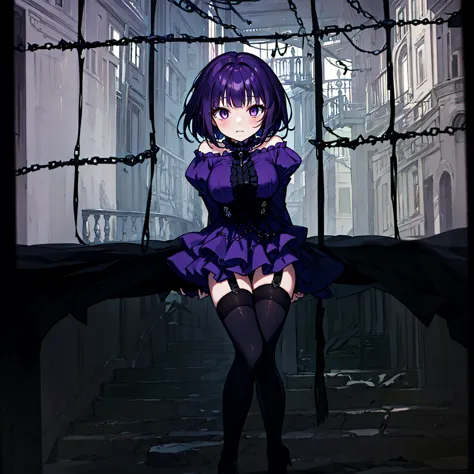 (solo), (1 skinny short girl:1.2), in the dark hall of mansion, (midnight), purple eyes over hair, Gothic Lolita, arms behind ba...