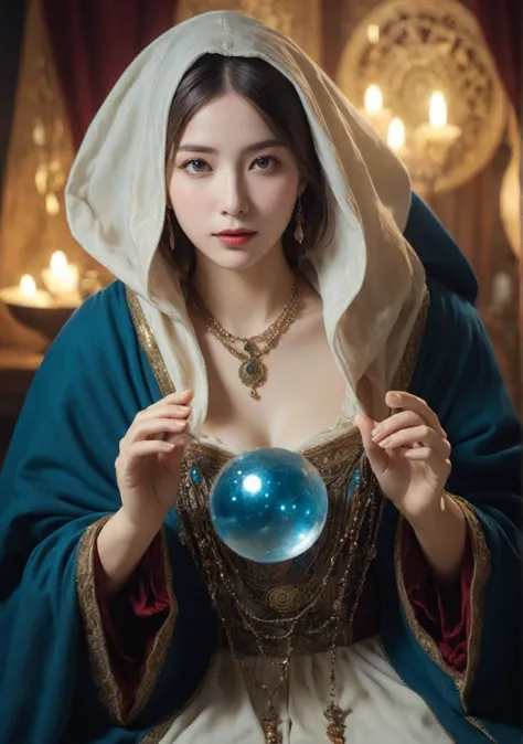 body orientation: frontal. female fortune teller. charming, beautiful and mysterious. she wears a blue cloak and has a clear fac...