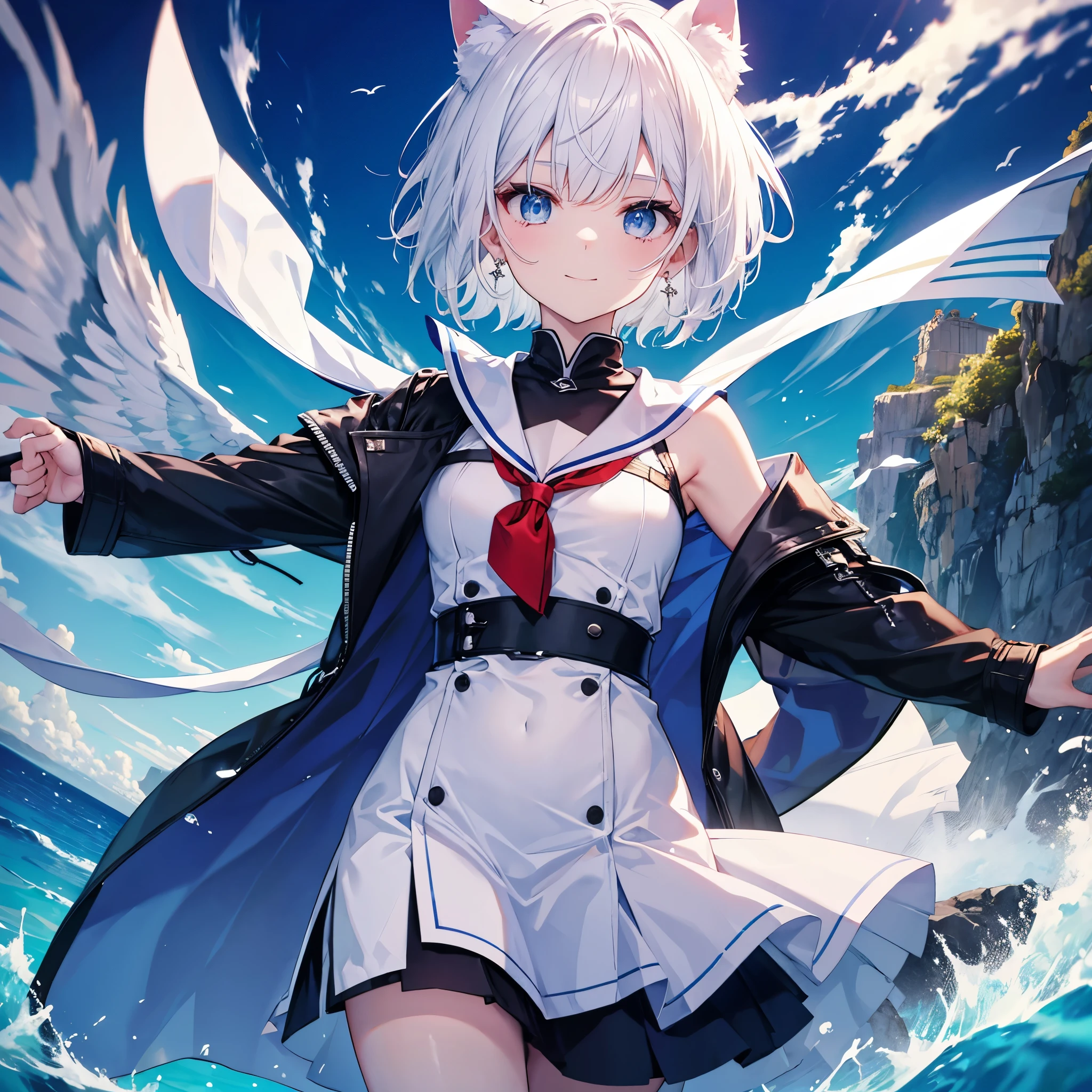 White Hair　blue eyes　short hair　Have　student　Cat ear　nice　Blue Earrings　necklace　gloves　beauty　thin　Sailor suit　Put on a black coat　Fantasy　smile　coastal　sunset　Fluffy hair