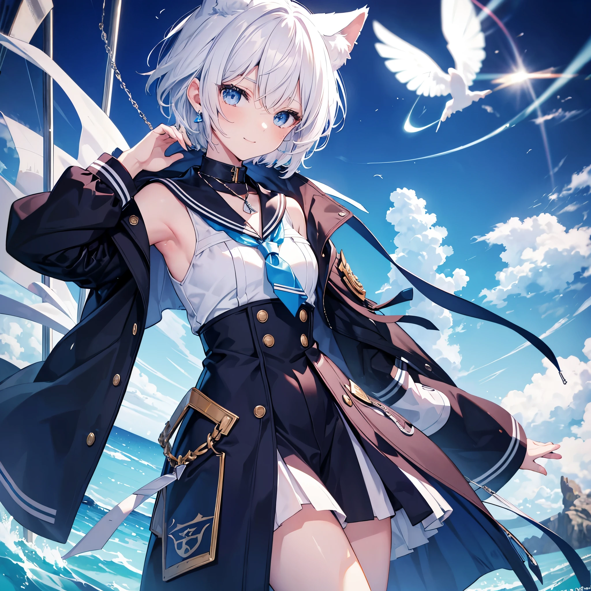 White Hair　blue eyes　short hair　Have　student　Cat ear　nice　Blue Earrings　necklace　gloves　beauty　thin　Sailor suit　Put on a black coat　Fantasy　smile　coastal　sunset　Fluffy hair