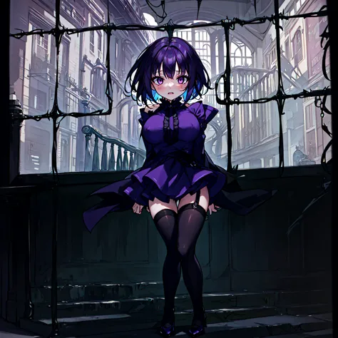 (solo), (1 skinny short girl:1.2), in the dark hall of mansion, (midnight), purple eyes over hair, Gothic Lolita, arms behind ba...