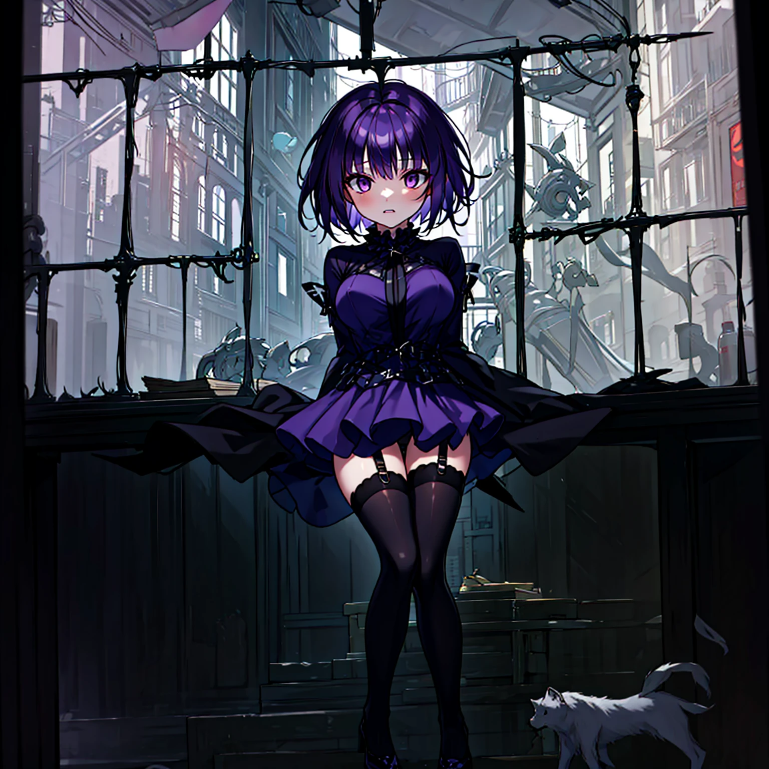 (solo), (1 skinny short girl:1.2), in the dark hall of mansion, (midnight), purple eyes over hair, Gothic Lolita, arms behind back, BREAK, (black short hair), (bursting large breasts), (bouncing breasts:1.1), pale white skins, (skinny narrow waist), skinny legs, BREAK, (frilled layered black short dress), (frilled black cape), close chest, frilled long sleeve, show off thigh gap, (frilled black thighhighs:1.1), stiletto heels, BREAK, sad face, orgasm, coverd erectile nipples