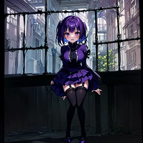 (solo), (1 skinny short girl:1.2), in the dark hall of mansion, (midnight), purple eyes over hair, Gothic Lolita, arms behind ba...