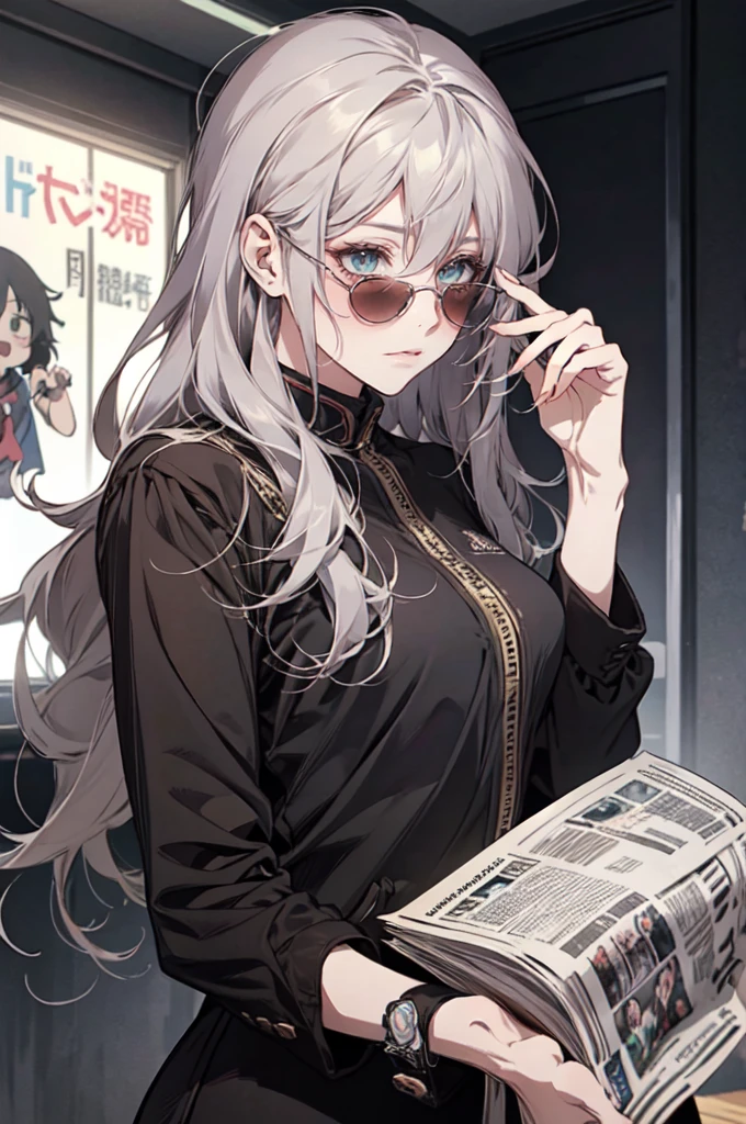 Wear sunglasses、Anime girl with a newspaper in front of her, Young woman anime visual, Cute girl anime visuals, style of madhouse anime, Gray-haired少女, Anime atmosphere, junko enoshima, Gray-haired lady, perfect Gray-haired girl, Gray-haired, Aesthetic award winning anime, Anime Styleに, Anime Style, Anime characters、In a completely different expression