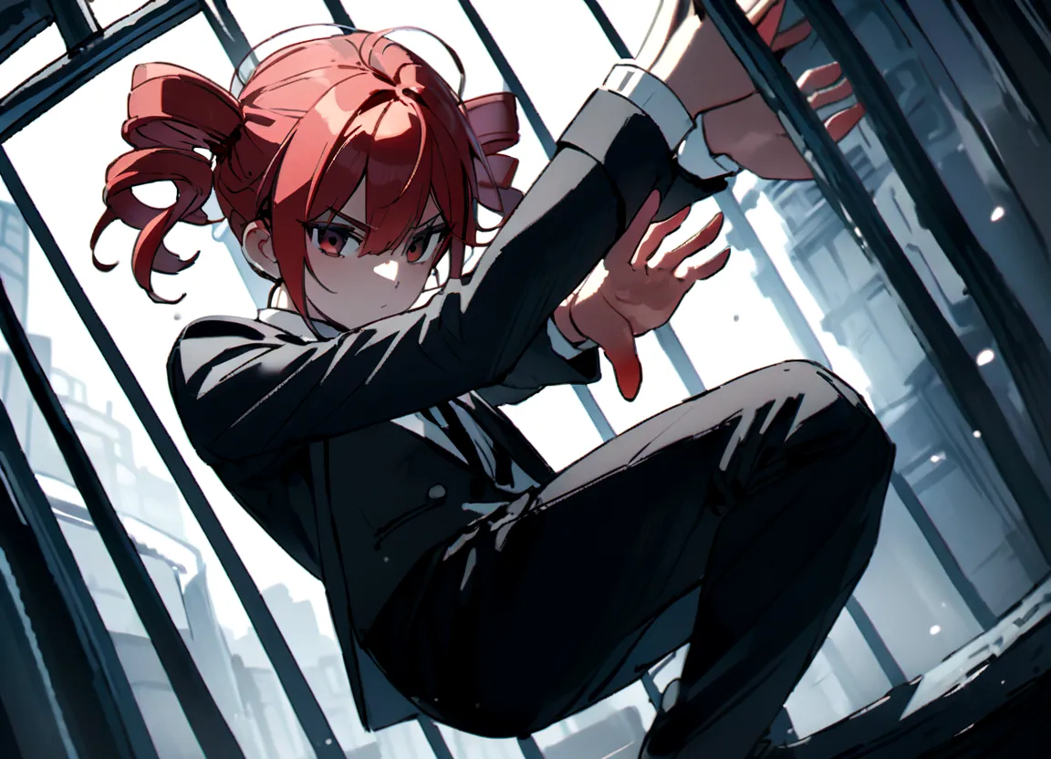 red hair、black suit、black slacks、wearing leather shoes、in the cage