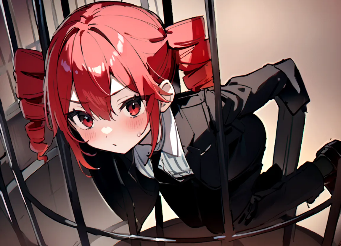 red hair、black suit、black slacks、wearing leather shoes、in the cage