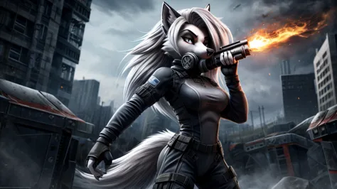 loona from helluva boss, female white wolf, anthro, short white hair, grey eyes, fireproof ballistic reinforced combat suit, fac...