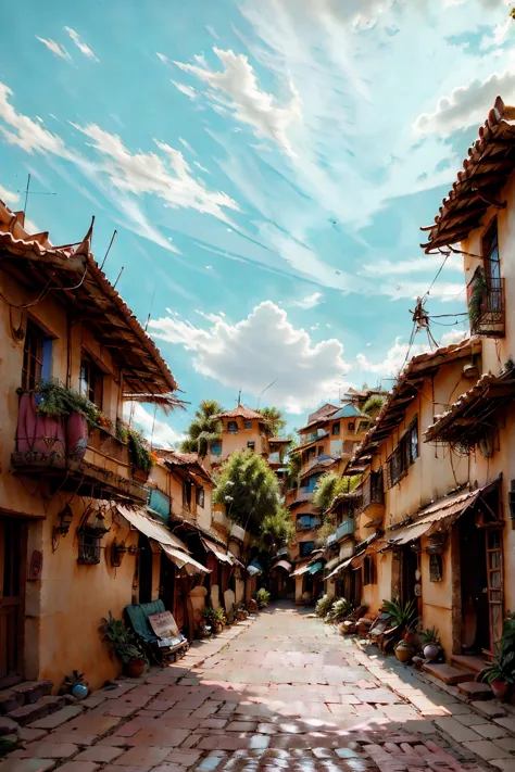 a colorful and beautiful umbrella-decorated alleyway in guatape, antioquia, colombia, at sunset, highly detailed, photorealistic...