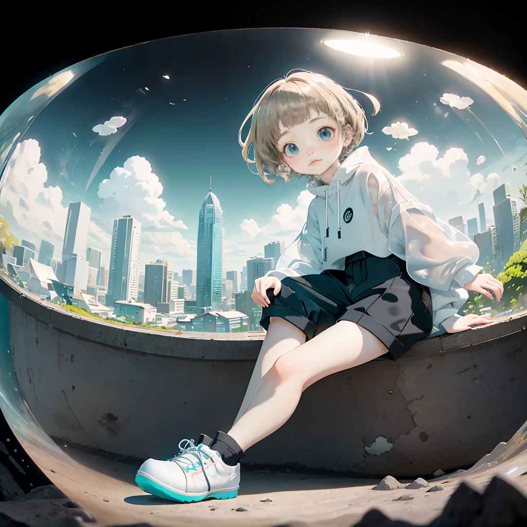 delicate、detailed、high quality、high resolution、４K、high quality、Short Mash Hair、Short Hair、Blonde Hair Color、Turquoise Eyes、white色のパーカー、Black hot pants、Black sneakers、Childish, high quality、超detailedな、(1 girl in:1.3)、internal、Elementary school girls、 girl，，Chairman Type，M-shaped foot、small, Inflated，white, See-through, Complex architecture、Lush garden、Designing Peace and Spirituality。Designed with a fisheye effect image that captures a wide field of view with a unique curved viewing angle。Panoramic cityscape、Dramatic Skyline、breather、A sophisticated space with a rooftop view