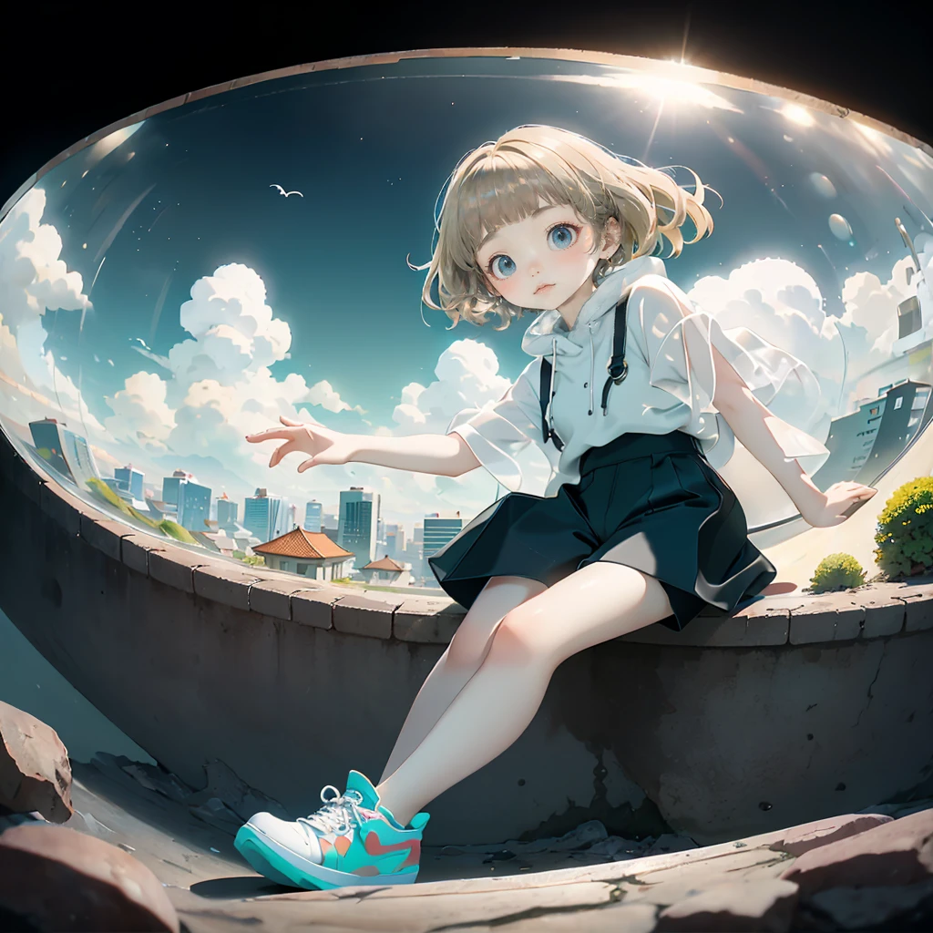 delicate、detailed、high quality、high resolution、４K、high quality、Short Mash Hair、Short Hair、Blonde Hair Color、Turquoise Eyes、white色のパーカー、Black hot pants、Black sneakers、Childish, high quality、超detailedな、(1 girl in:1.3)、internal、Elementary school girls、 girl，，Chairman Type，M-shaped foot、small, Inflated，white, See-through, Complex architecture、Lush garden、Designing Peace and Spirituality。Designed with a fisheye effect image that captures a wide field of view with a unique curved viewing angle。Panoramic cityscape、Dramatic Skyline、breather、A sophisticated space with a rooftop view