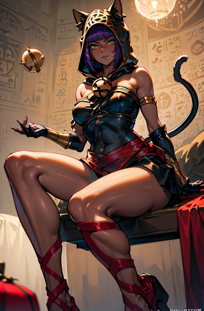 Masterpiece, best quality, absurdres, 1girl, beautiful legs, menat_holiday, light smile, dark skin, Green eyes, egyptian, bob cut, red dress, (black hood), black gloves,(shiny thighs),, tail, bell, bare shoulders,sexy thighs,close up,(beautiful leg))),solo,panty shot,evil smile,,sitting,in bed,from below