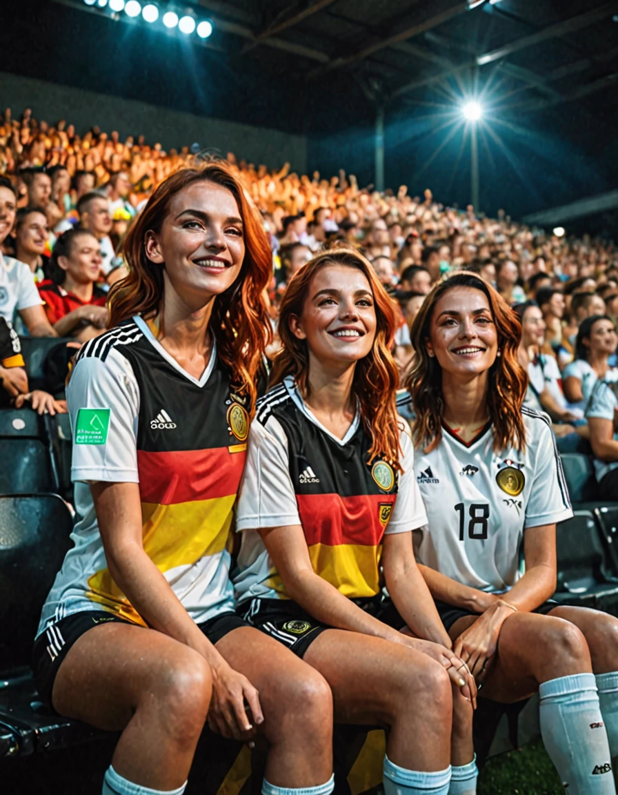 photo originale en pied avec lumière au néon et peinture unique, Drapeau allemand peignant les couleurs sur le visage, une jolie tête de lecture deuts femmes avec 2 amis portant un maillot de football allemand et assis dans un gradin du stade, pose de célébration de but, Cheveux flottants, visage naturel, éclairage sombre, Ambiance des supporters, effet prisme lensflare, flou de mouvement, style de prise de vue en angle sportif, ultra très détaillé, Peau réaliste, les looks du film, photo prise par Sony A9 avec un objectif large, photo d&#39;Arnau Mas