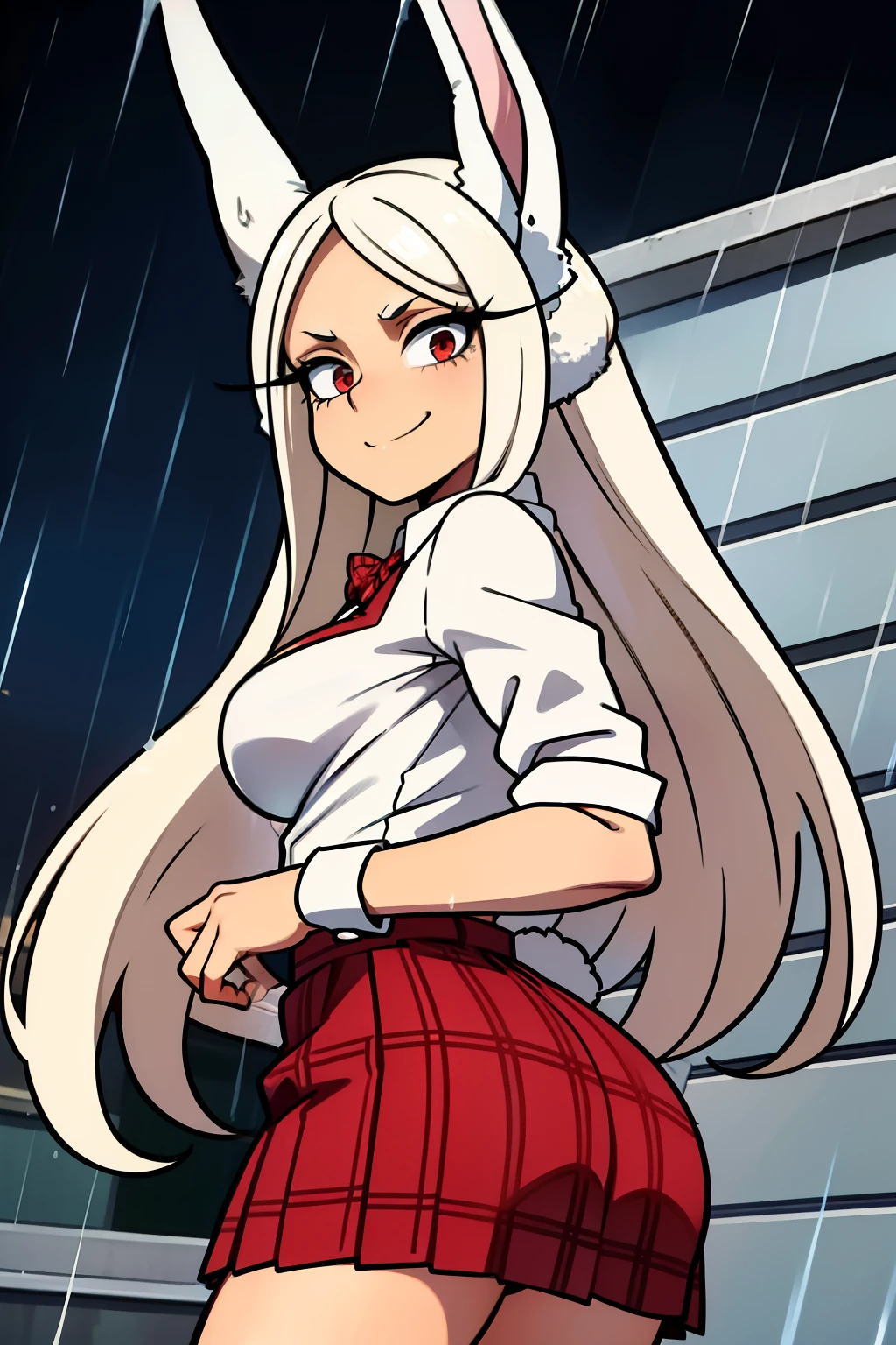 A cartoon girl in a short skirt and bunny ears is standing in the rain -  SeaArt AI