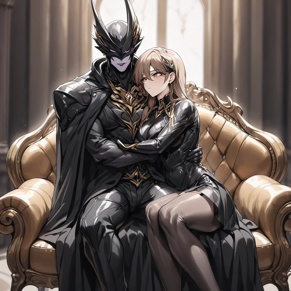 ((Highest quality)), ((masterpiece)), (detailed), （Perfect Face）、The woman is Princess Leona, with medium-long light brown hair, wearing a shiny, flashy, sexy, revealing black dress bodysuit, an open-front skirt, a cape, a headgear, lipstick and makeup, and is an evil female executive who is standing next to a man who is the dignified boss of an evil organization.、Women are brainwashed, expressionless, and have no highlights in their eyes.、The woman is being held close by the powerful boss of an evil organization.、A powerful male boss of an evil organization is sitting on a luxurious sofa, embracing a woman, kissing her and making love to her.