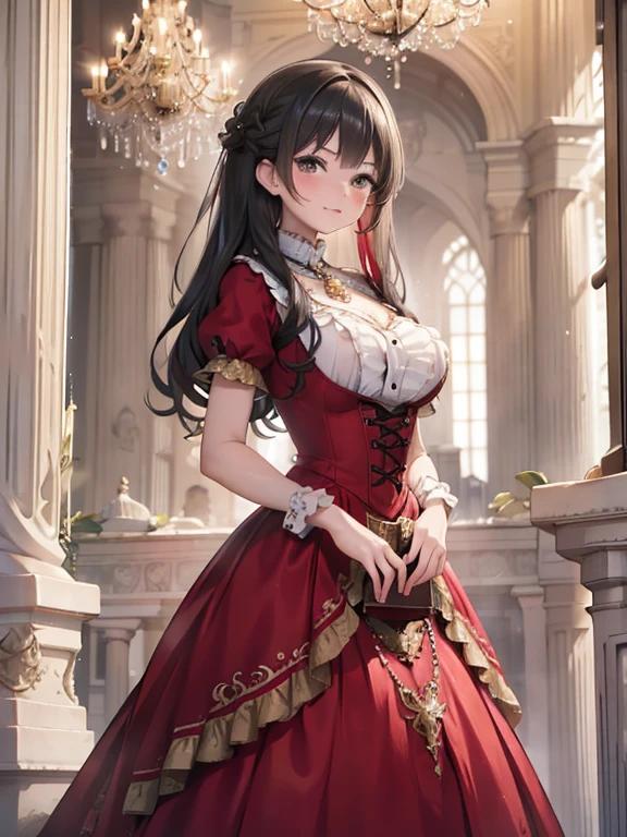 masterpiece, Highest quality, Very detailed, 16K, Ultra-high resolution, (Classicism:1.4), (Background blur:1.3), Cowboy Shot, 15-year-old female, Perfect Fingers, Detailed face, smug face, black eye, Black Hair, Long Hair, Double vertical roll, Big Breasts, Victorian dress, (Red dress:1.5), Long skirt, necklace, brooch, White gloves, High heels, Western-style building, large room, chandelier