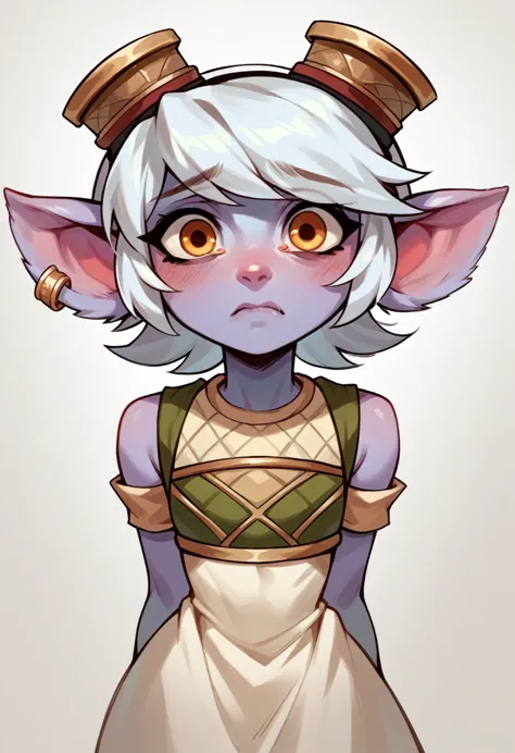 tristana,  light dress, masterpiece, best quality, ultra detailed, skinny body, upper body, worried face, fantasy, golden hour, ...