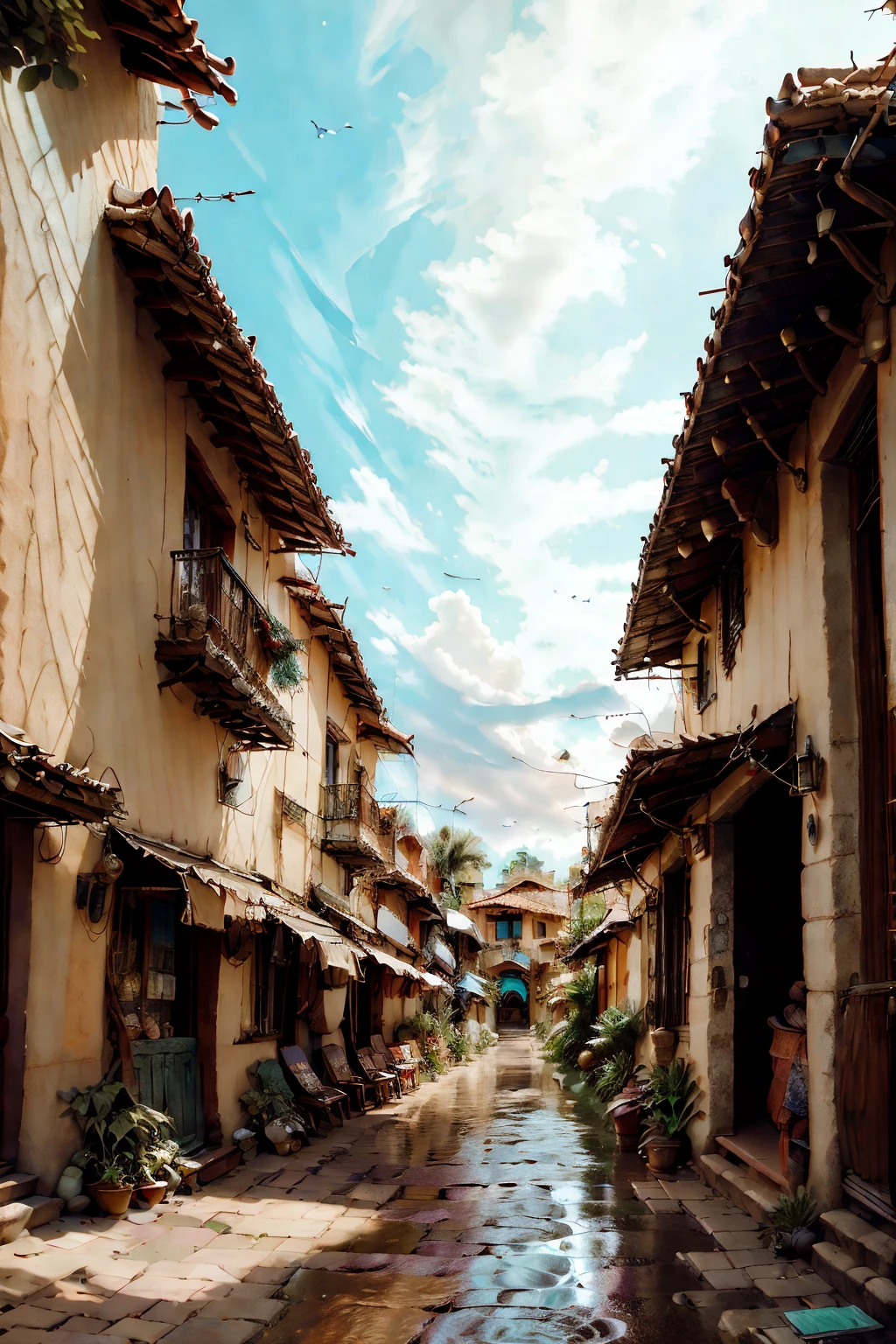 um beco colorido e lindo decorado com guarda-chuvas como telhado em Guatapé, Antióquia, Colômbia, no pôr-do-sol, altamente detalhado, fotorrealista, 8K, Obra de arte, paisagem deslumbrante, cores vibrantes, iluminação espetacular, arquitetura complexa, ruas de paralelepípedos, edifícios pitorescos, pendurando guarda-chuvas no teto, Céu crepuscular, iluminação quente, cena idílica, Cidade pitoresca, destino da viagem, Detalhes vívidos, atmosférico, Impressionante