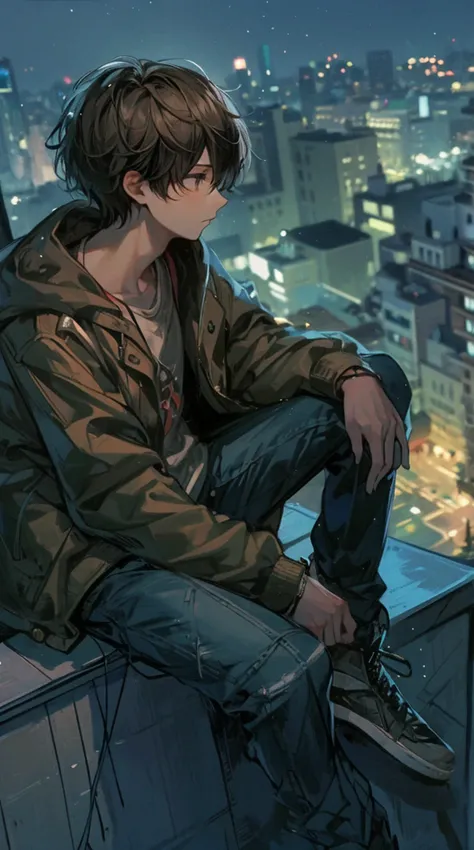 high quality, amount of drawing, pixiv illustration, a scene depicting a handsome young man gazing at the night sky from a city ...