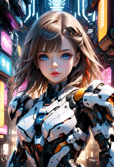 A photorealistic portrait of a beautiful 20-year-old girl wearing a white off-shoulder sci-fi armor, her entire body is shown, l...