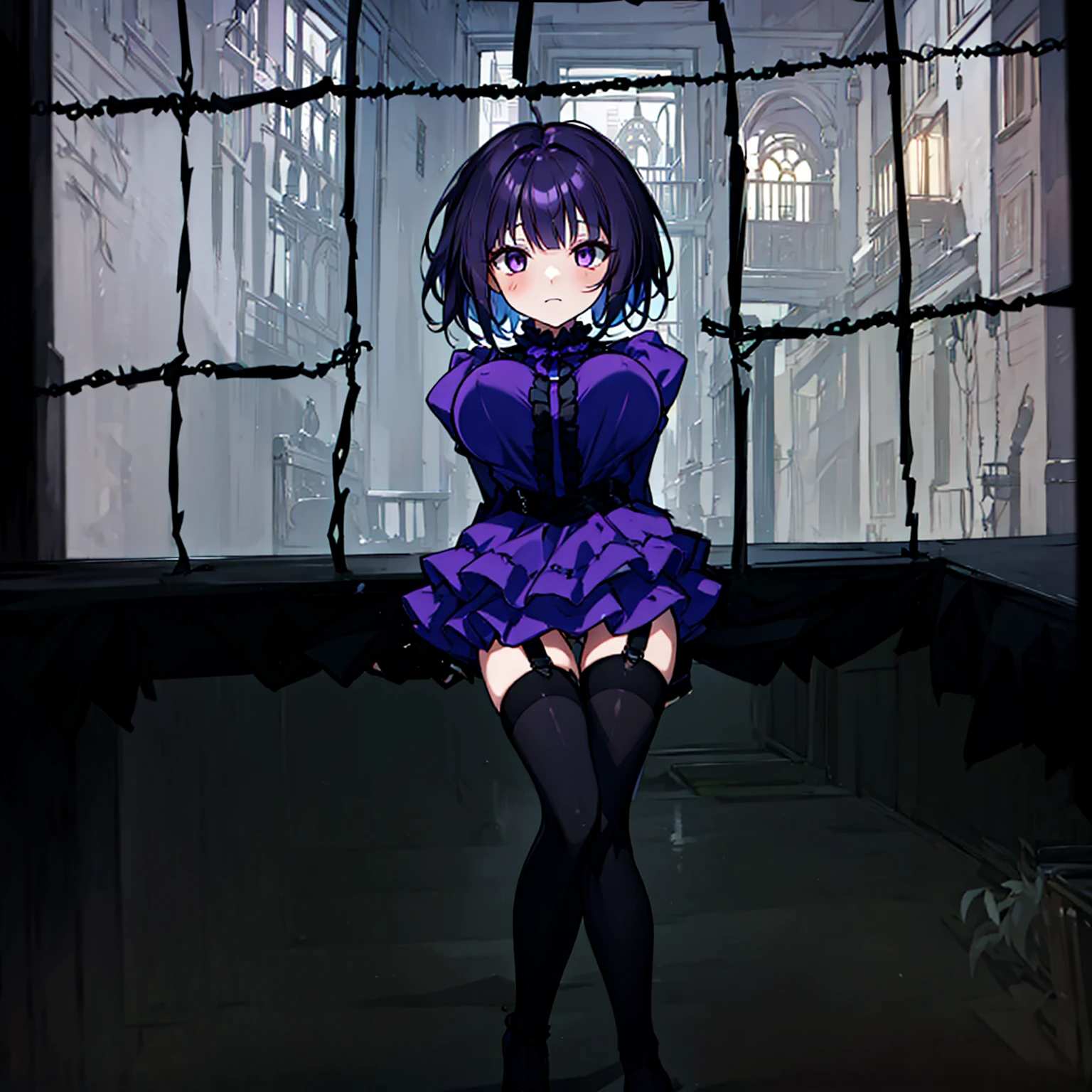 (solo), (1 skinny short girl:1.2), in the dark hall of mansion, (midnight), purple eyes over hair, Gothic Lolita, arms behind back, BREAK, (black short hair), (bursting large breasts), (bouncing breasts:1.1), pale white skins, (skinny narrow waist), skinny legs, BREAK, (frilled layered black short dress), (frilled black cape), close chest, frilled long sleeve, show off thigh gap, (frilled black thighhighs:1.1), stiletto heels, BREAK, sad face, orgasm, coverd erectile nipples