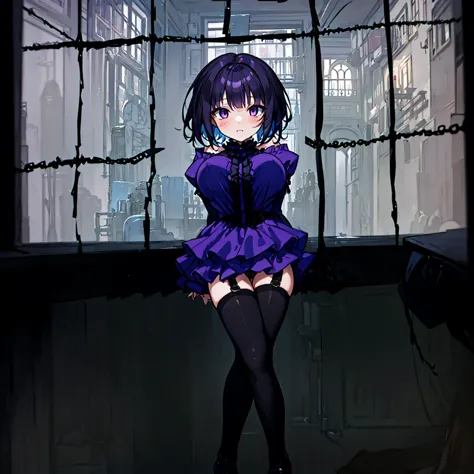 (solo), (1 skinny short girl:1.2), in the dark hall of mansion, (midnight), purple eyes over hair, Gothic Lolita, arms behind ba...