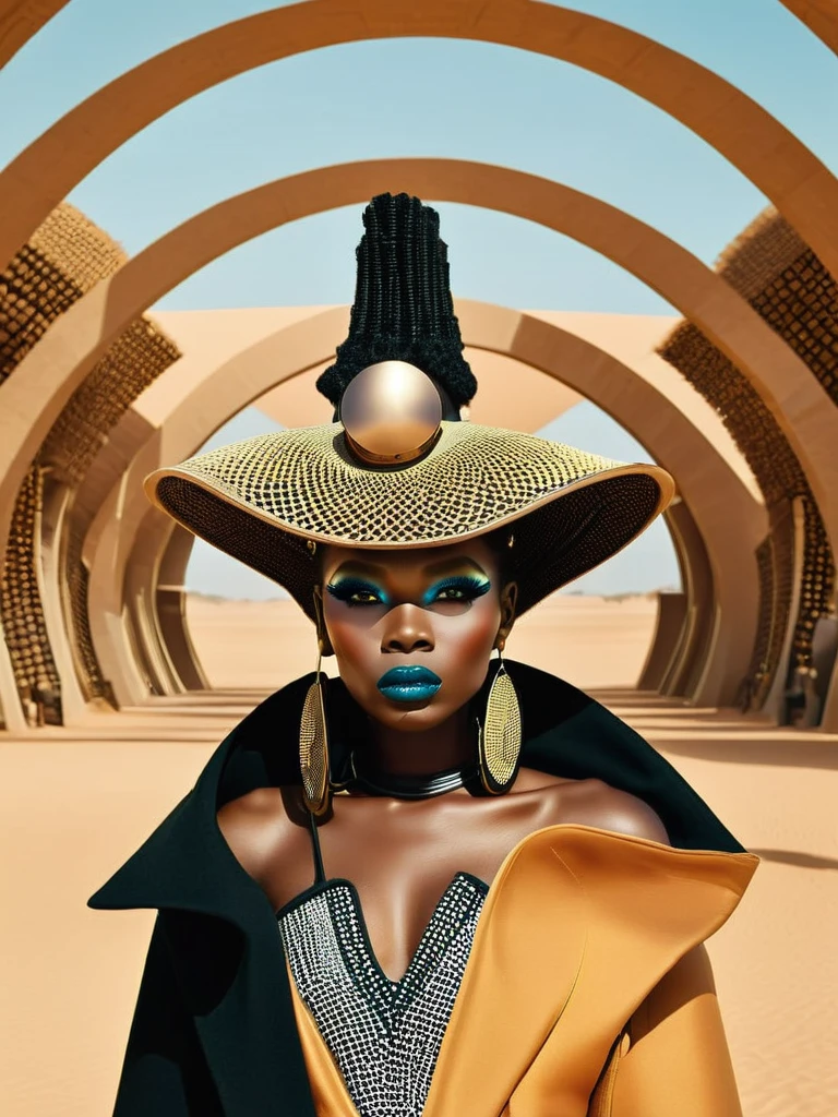 Afrofuturist mode photography, capturing the essence of Afrocentric style and futuristic esthétique in stunning visual Récits, mode:1.4, esthétique:1.3, Récits:1.2. , afrofuturisme