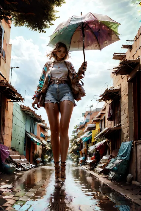 a young woman walking with an umbrella on a rainy and colorful street in la boca, buenos aires, argentina, detailed city scene, ...