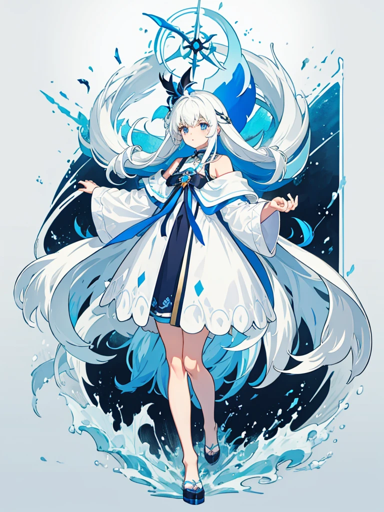 Blue Ribbon, white hair, long hair, wing hair, White wing, off the shoulder coats, white Short dress, full body, concept art, blue inner hair