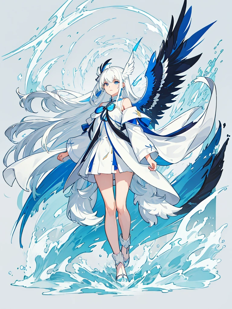 Blue Ribbon, white hair, long hair, wing hair, White wing, off the shoulder coats, white Short dress, full body, concept art, blue inner hair