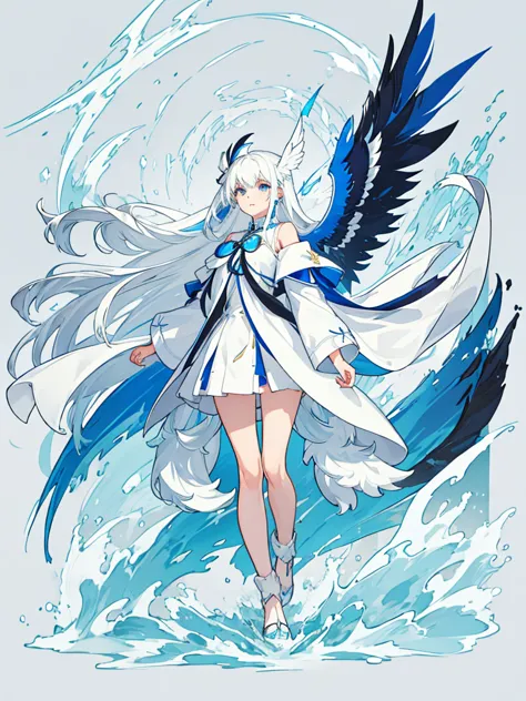 Blue Ribbon, white hair, long hair, wing hair, White wing, off the shoulder coats, white Short dress, full body, concept art, bl...