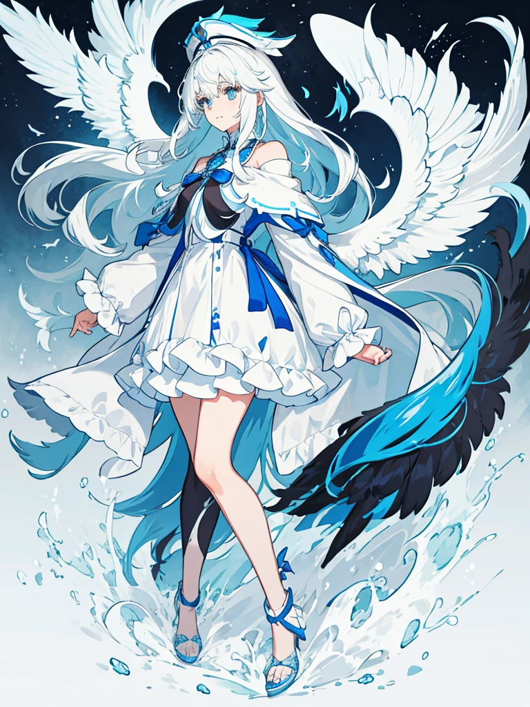 Blue Ribbon, white hair, long hair, wing hair, White wing, off the shoulder coats, white Short dress, full body, concept art, blue inner hair