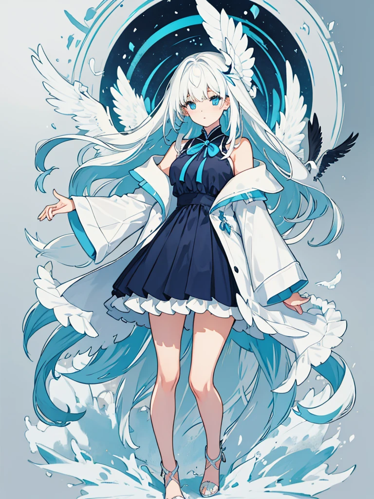 Blue Ribbon, white hair, long hair, wing hair, White wing, off the shoulder coats, white Short dress, full body, concept art, blue inner hair