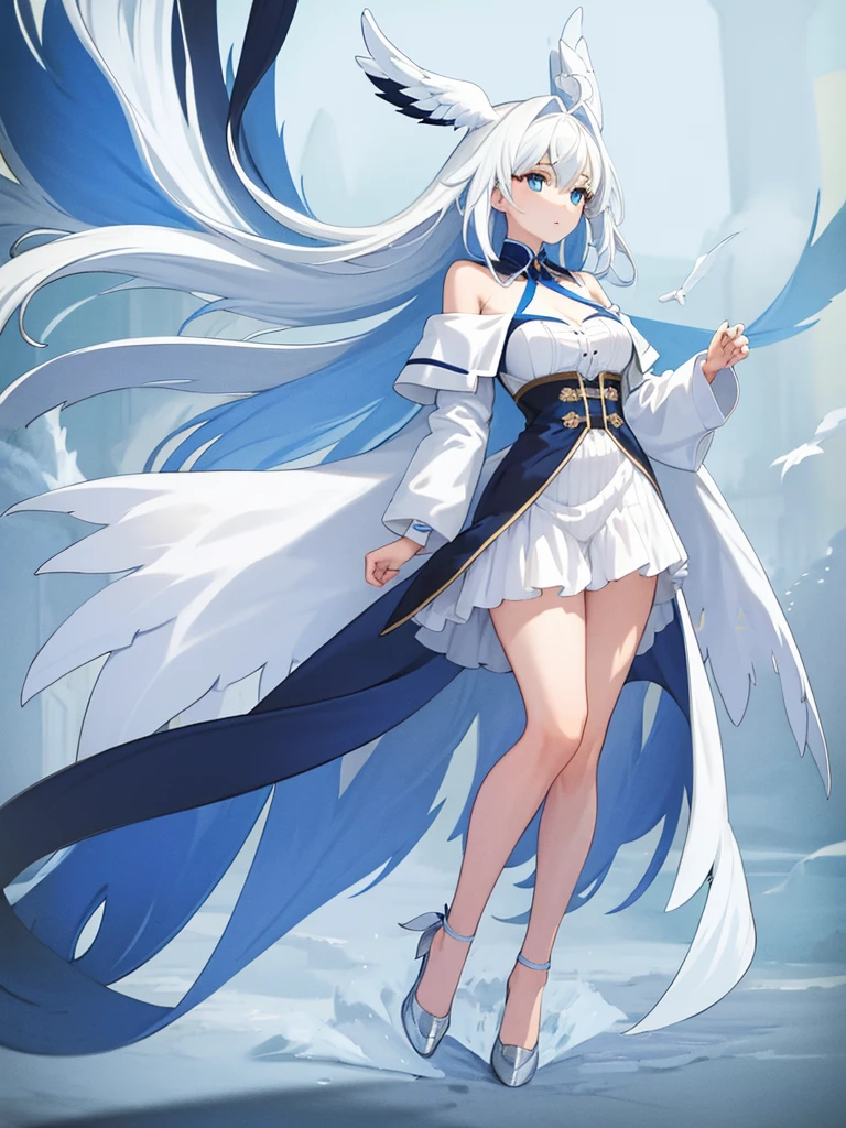 Blue Ribbon, white hair, long hair, wing hair, White wing, off the shoulder coats, white Short dress, full body, concept art, sky inner hair